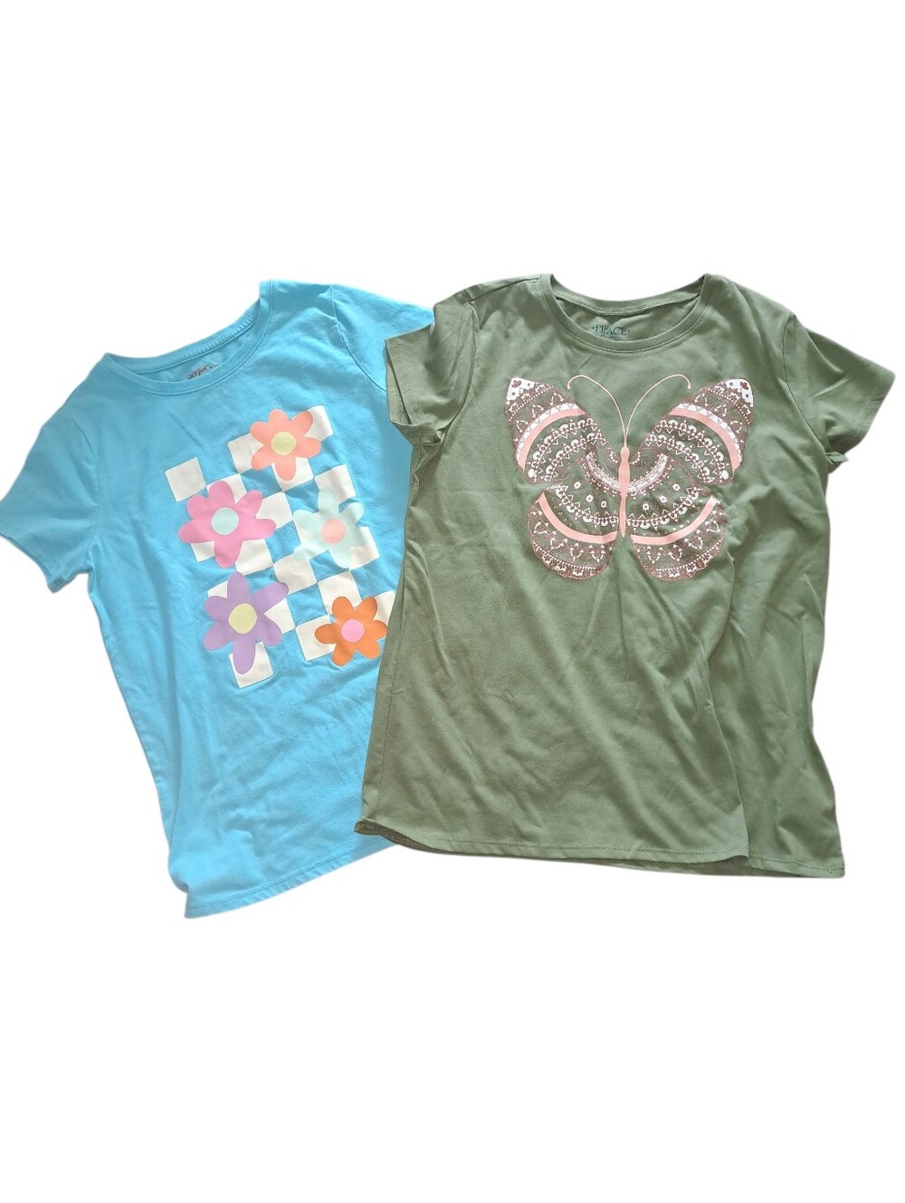 Girls Short Sleeve Tees - Light Blue & Olive Green